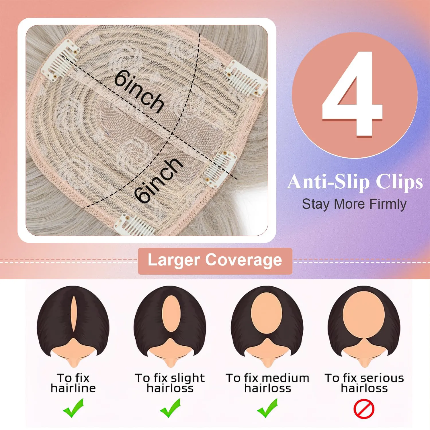 S-noilite Hair Toppers with Bangs for Women with Thinning Hair, Synthetic Clip in Wiglets Toppers Wigs Hair Pieces 6x6 Large Base 14 inch Grey mixed Blonde Highlights Straight Hair Toppers