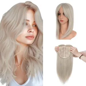 S-noilite Hair Toppers with Bangs for Women with Thinning Hair, Synthetic Clip in Wiglets Toppers Wigs Hair Pieces 6x6 Large Base 14 inch Grey mixed Blonde Highlights Straight Hair Toppers