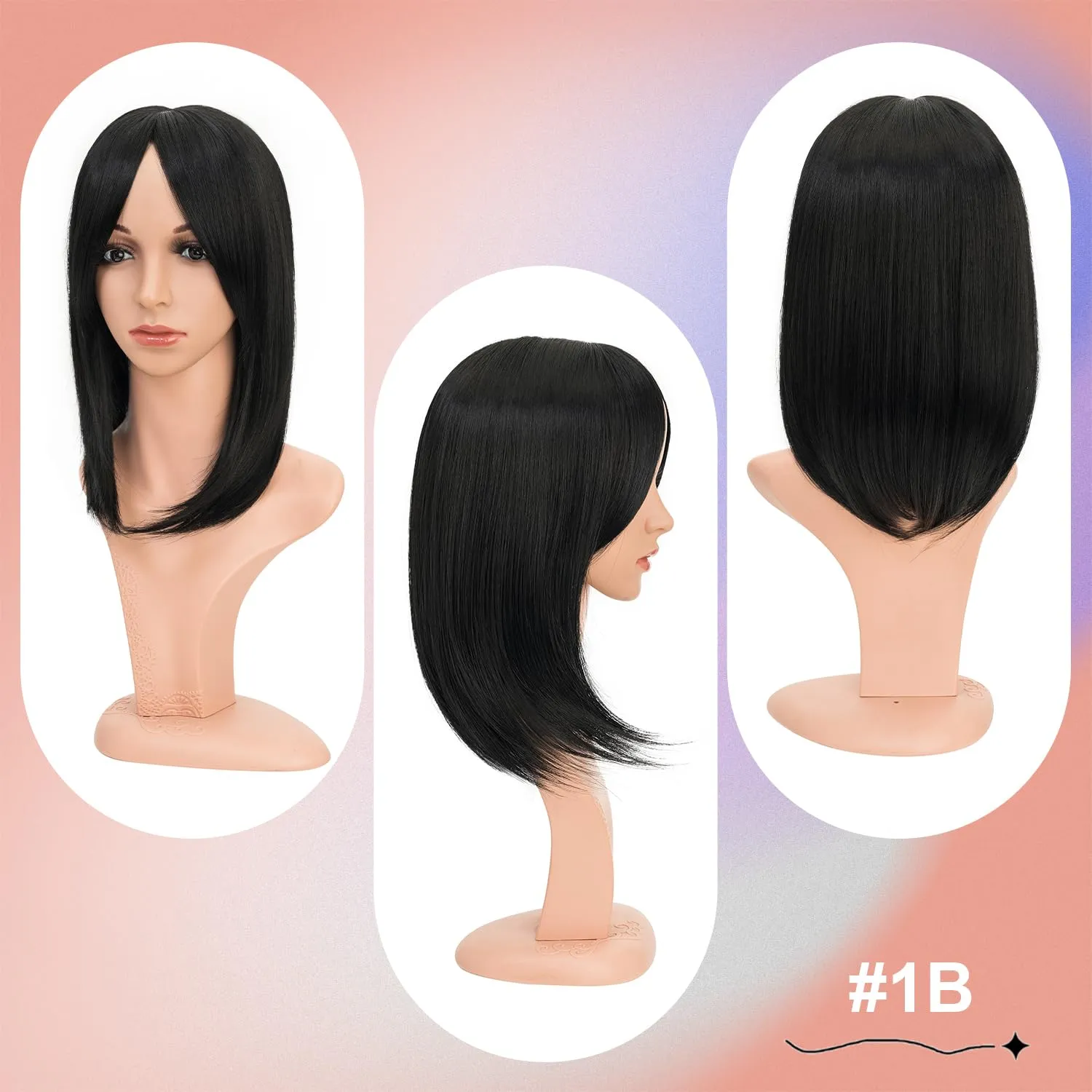 S-noilite Hair Toppers with Bangs for Women with Thinning Hair, Synthetic Clip in Wiglets Toppers Wigs Hair Pieces 6x6 Large Base 14 inch Natural Black Straight Hair Toppers