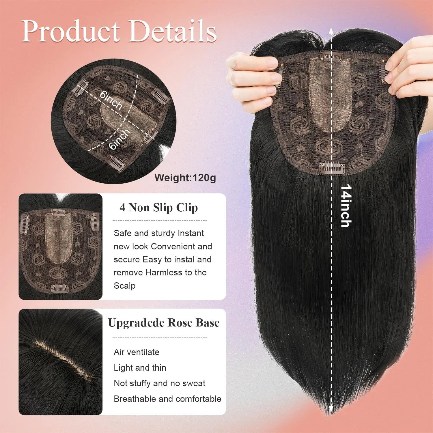 S-noilite Hair Toppers with Bangs for Women with Thinning Hair, Synthetic Clip in Wiglets Toppers Wigs Hair Pieces 6x6 Large Base 14 inch Natural Black Straight Hair Toppers