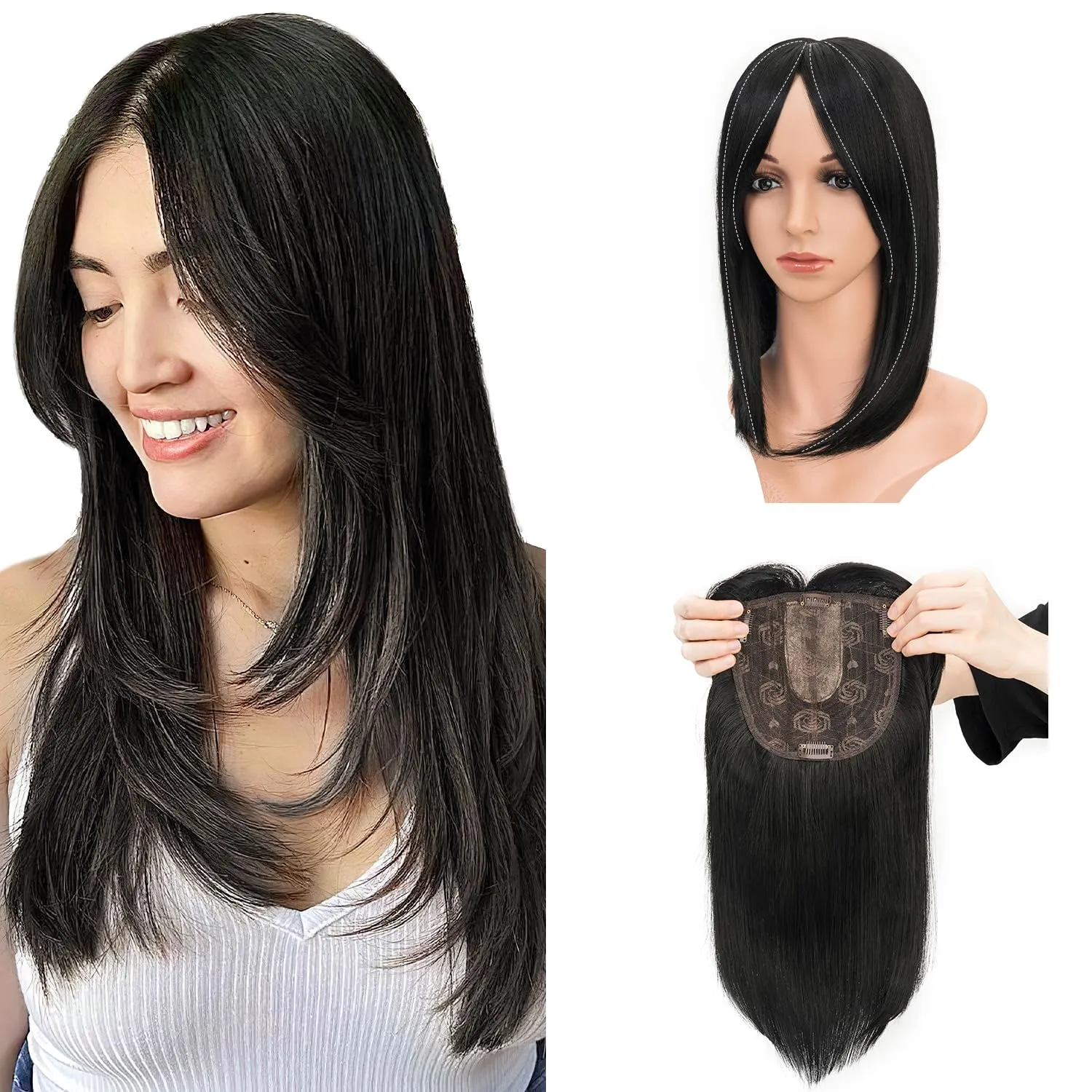 S-noilite Hair Toppers with Bangs for Women with Thinning Hair, Synthetic Clip in Wiglets Toppers Wigs Hair Pieces 6x6 Large Base 14 inch Natural Black Straight Hair Toppers