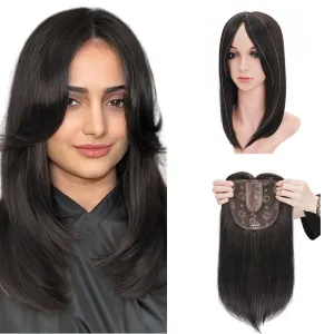S-noilite Synthetic Clip in Wiglets Toppers Wigs - Dark Brown Straight Hair Toppers with Bangs for Women with Thinning Hair - 6x6 Large Base, 14 inch