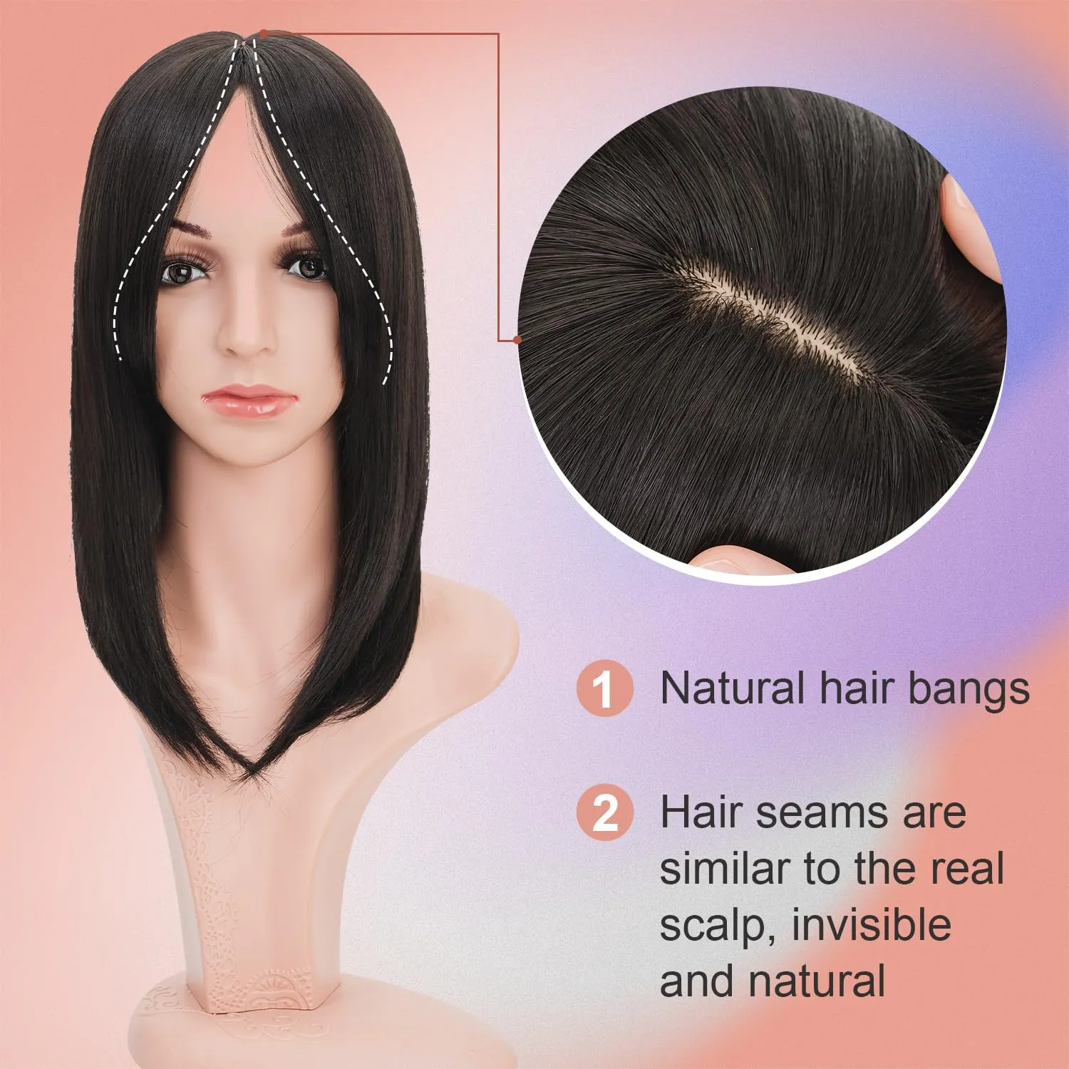 S-noilite Synthetic Clip in Wiglets Toppers Wigs - Dark Brown Straight Hair Toppers with Bangs for Women with Thinning Hair - 6x6 Large Base, 14 inch