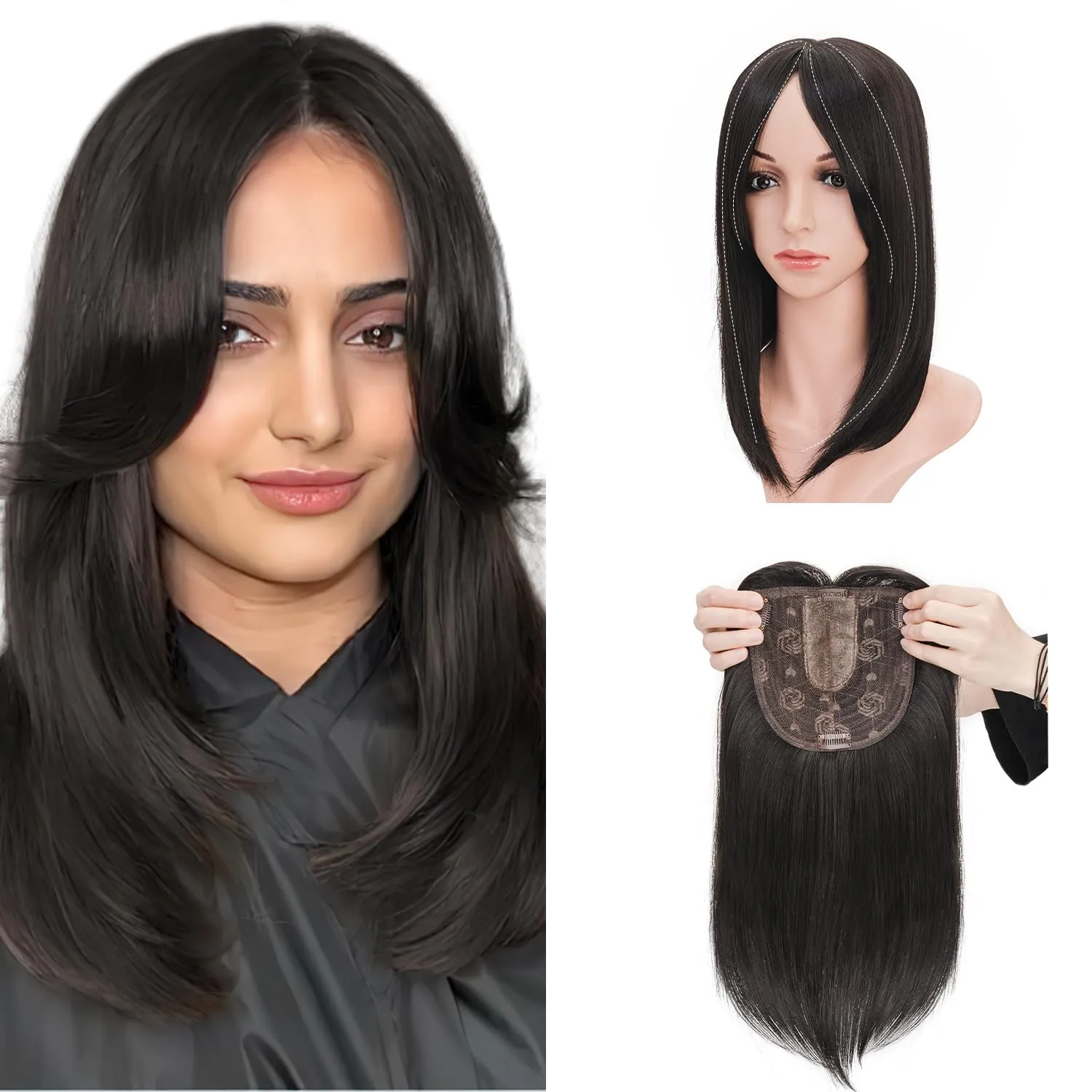 S-noilite Synthetic Clip in Wiglets Toppers Wigs - Dark Brown Straight Hair Toppers with Bangs for Women with Thinning Hair - 6x6 Large Base, 14 inch