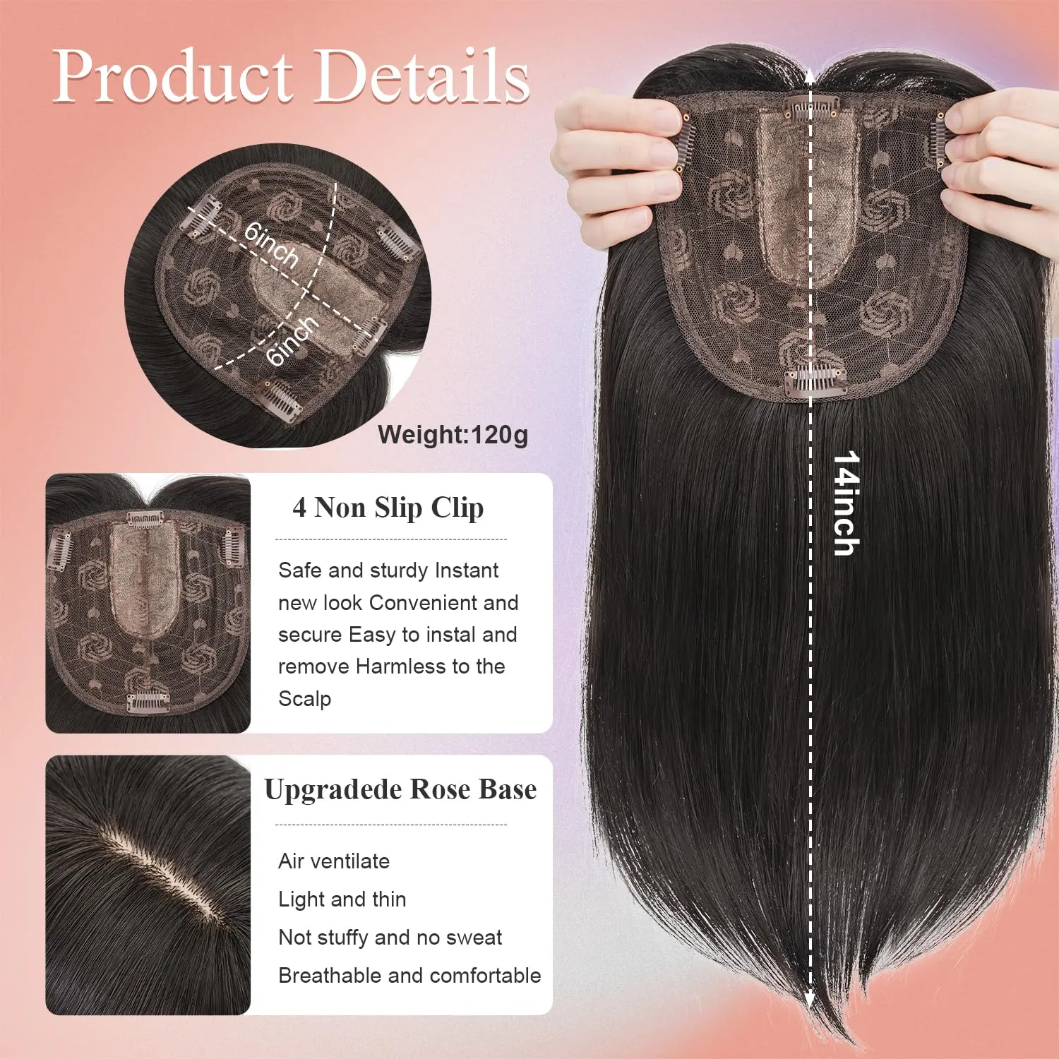 S-noilite Synthetic Clip in Wiglets Toppers Wigs - Dark Brown Straight Hair Toppers with Bangs for Women with Thinning Hair - 6x6 Large Base, 14 inch