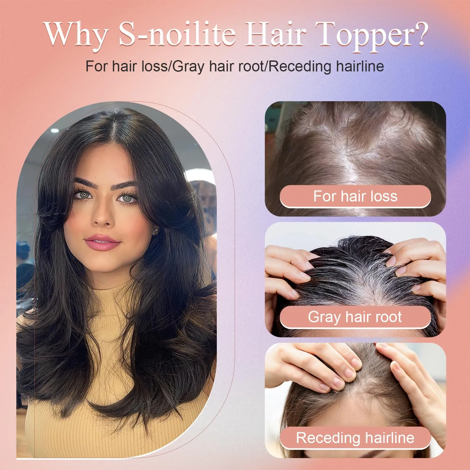 S-noilite Synthetic Clip in Wiglets Toppers Wigs - Dark Brown Straight Hair Toppers with Bangs for Women with Thinning Hair - 6x6 Large Base, 14 inch