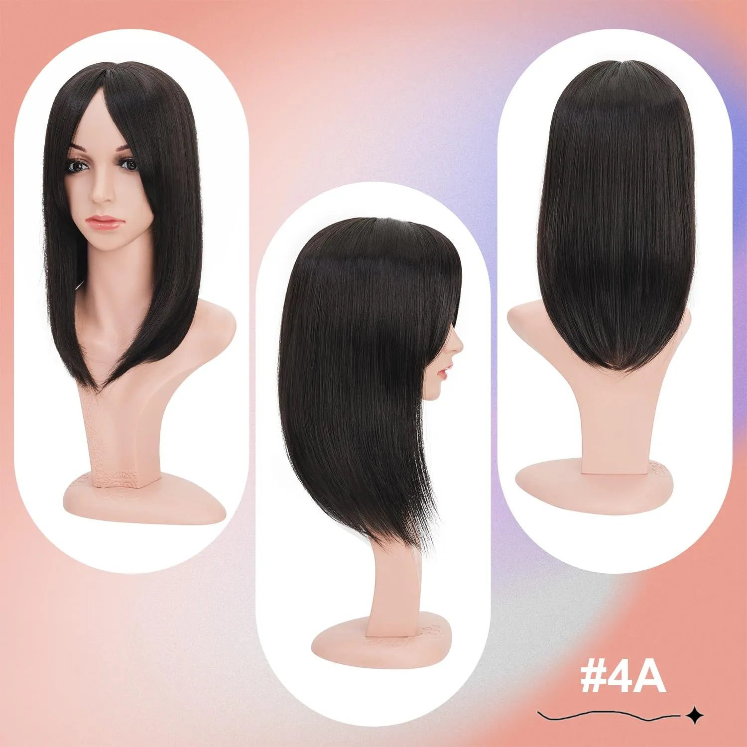S-noilite Synthetic Clip in Wiglets Toppers Wigs - Dark Brown Straight Hair Toppers with Bangs for Women with Thinning Hair - 6x6 Large Base, 14 inch