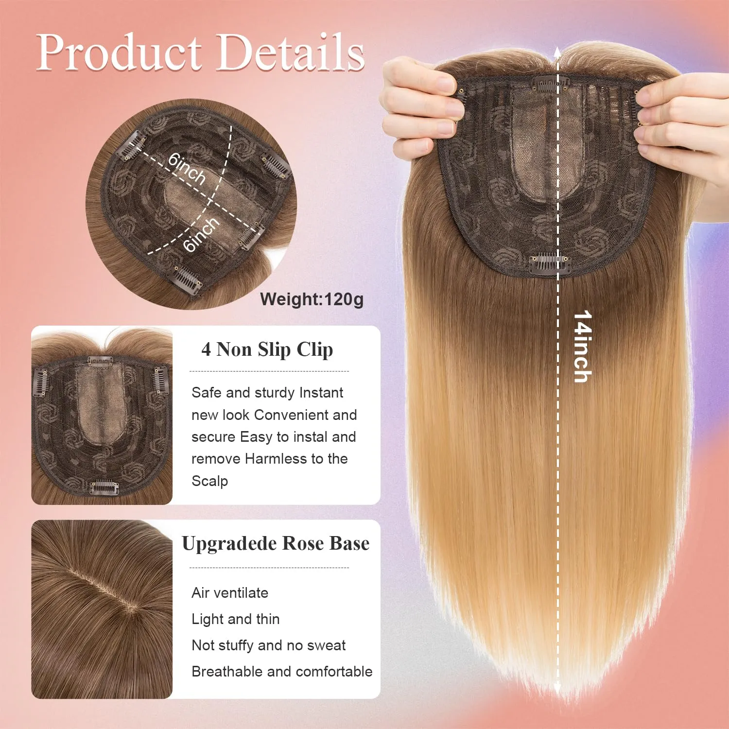 S-Noilite Synthetic Clip In Wiglets Toppers Wigs - Women's Thinning Hair Toppers With Bangs - 6x6 Large Base, 14 Inch Black to Blonde Mixed Highlights Straight Hair
