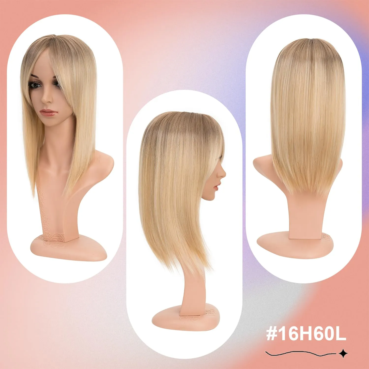 S-Noilite Synthetic Clip In Wiglets Toppers Wigs - Women's Thinning Hair Toppers With Bangs - 6x6 Large Base, 14 Inch Black to Blonde Mixed Highlights Straight Hair
