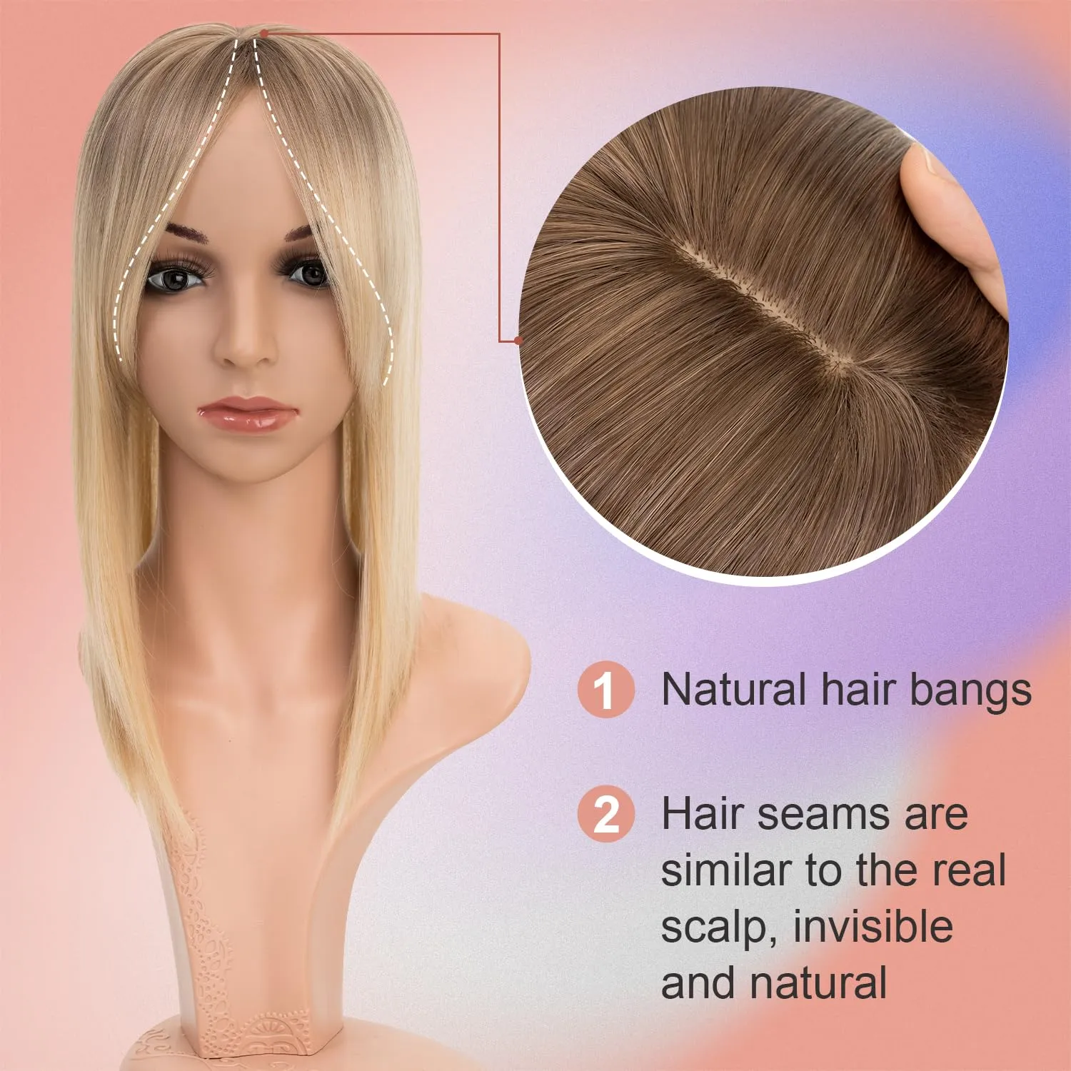 S-Noilite Synthetic Clip In Wiglets Toppers Wigs - Women's Thinning Hair Toppers With Bangs - 6x6 Large Base, 14 Inch Black to Blonde Mixed Highlights Straight Hair