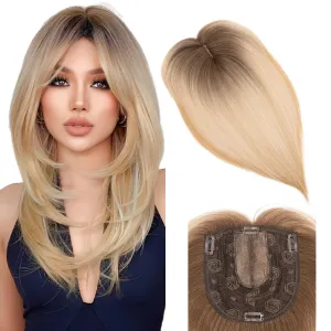 S-Noilite Synthetic Clip In Wiglets Toppers Wigs - Women's Thinning Hair Toppers With Bangs - 6x6 Large Base, 14 Inch Black to Blonde Mixed Highlights Straight Hair