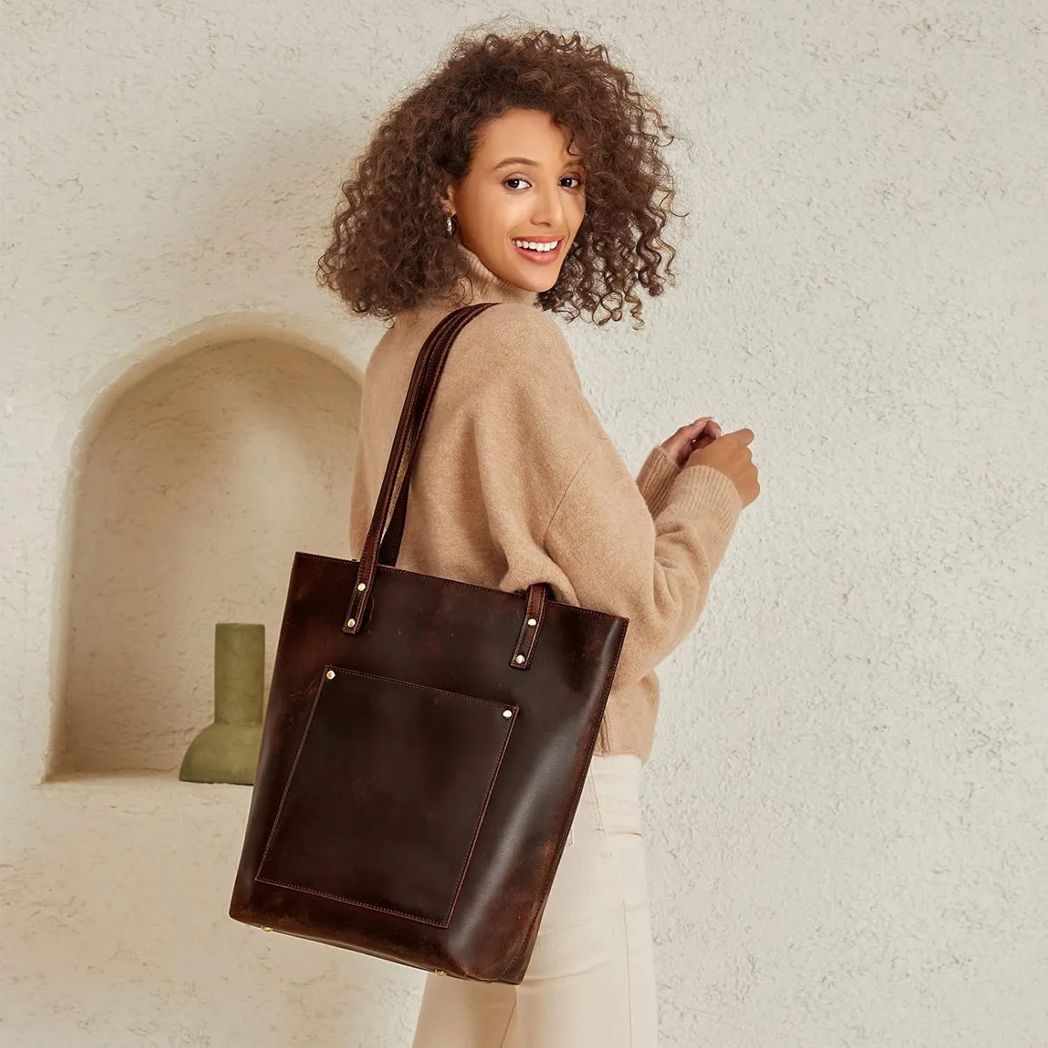 S-ZONE Women Vintage Genuine Leather Tote Bag Large Shoulder Purse Work Handbag