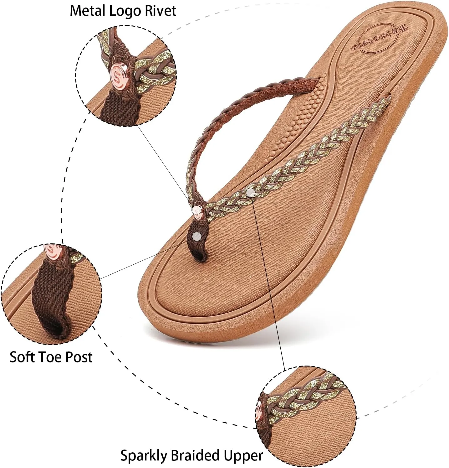 Saidoteto Women's Glittery Dressy Flip Flops, Casual Braided Slip-On Summer Beach Thong Sandals with Slim T-Strap
