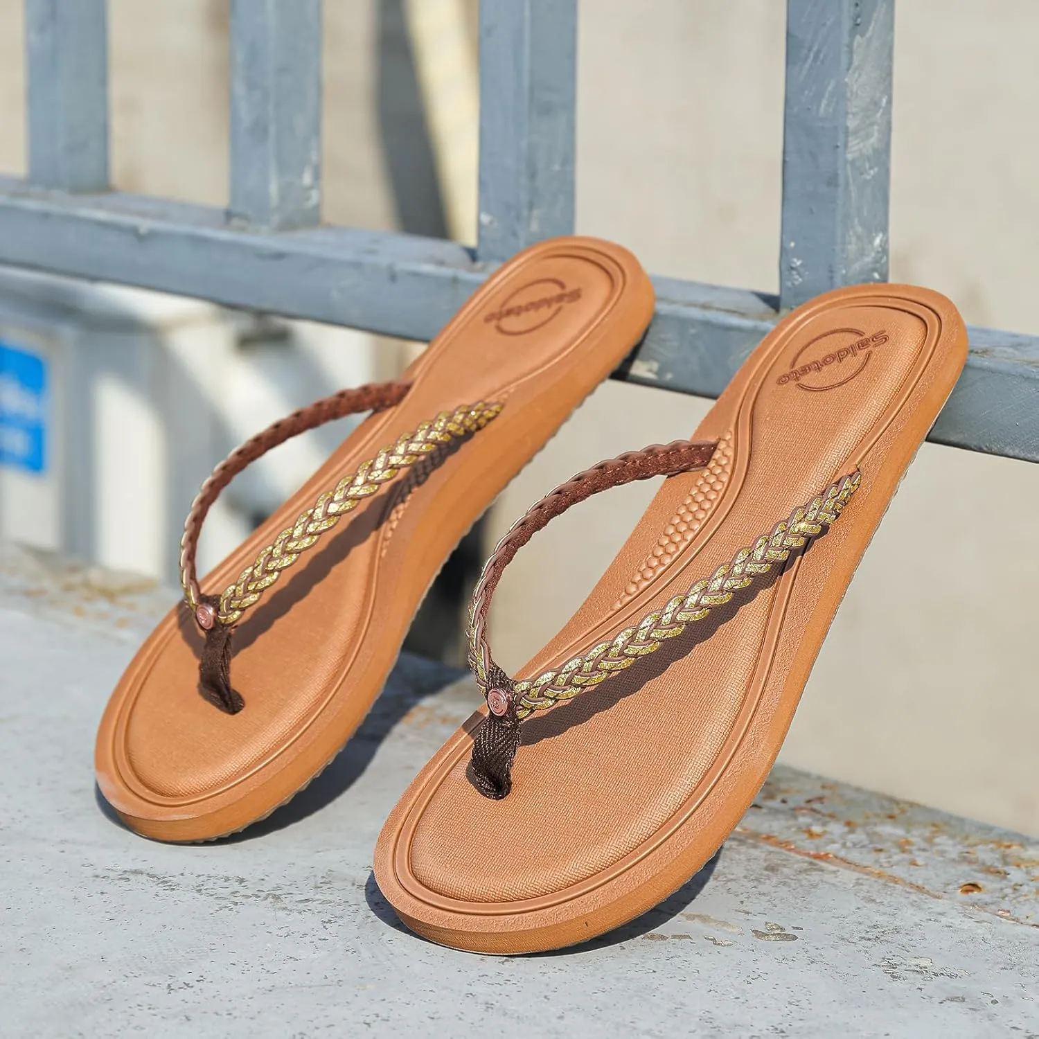 Saidoteto Women's Glittery Dressy Flip Flops, Casual Braided Slip-On Summer Beach Thong Sandals with Slim T-Strap