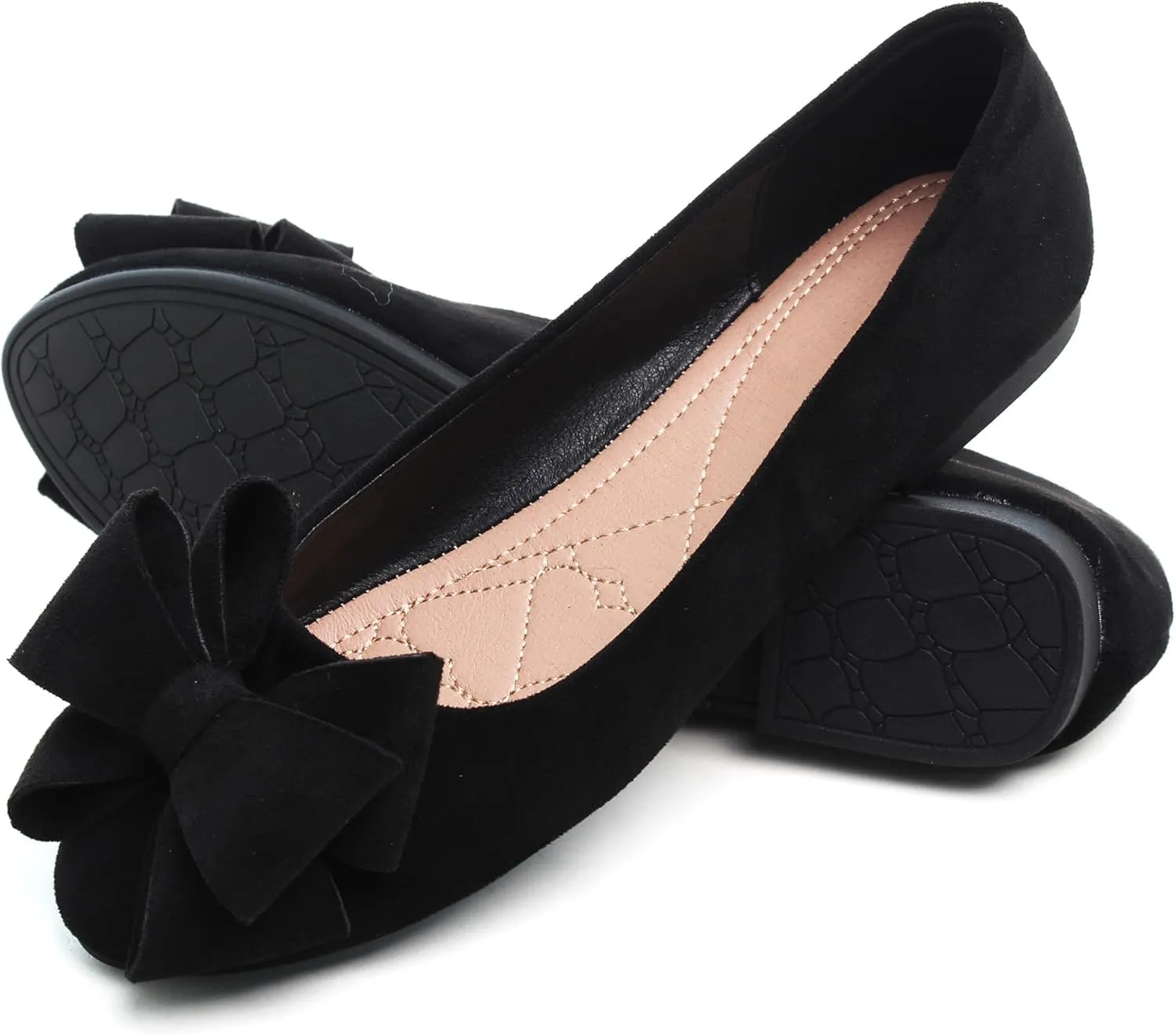 SAILING LU Women's Round Toe Ballerina Shoes Cute Bow Flats Comfortable Soft Suede Slip-ons Solid Color Office Lady Walking Loafers