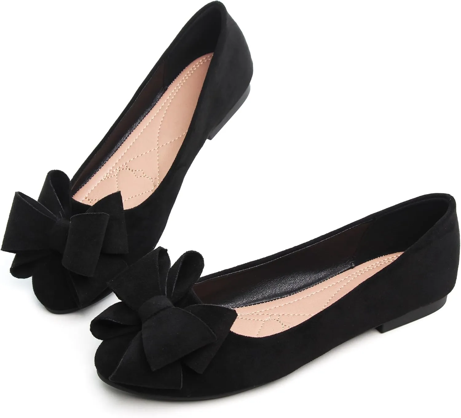 SAILING LU Women's Round Toe Ballerina Shoes Cute Bow Flats Comfortable Soft Suede Slip-ons Solid Color Office Lady Walking Loafers