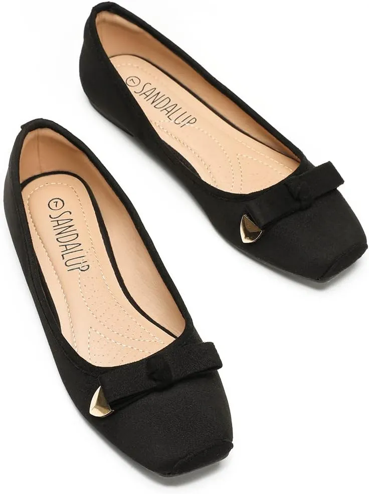SANDALUP Ballet Flats, Wide Welt Buckle Square Closed Toe Flats Comfort Slip on Flat Ballerina Buckle Ballet Shoes for Women Dressy All Day Wear