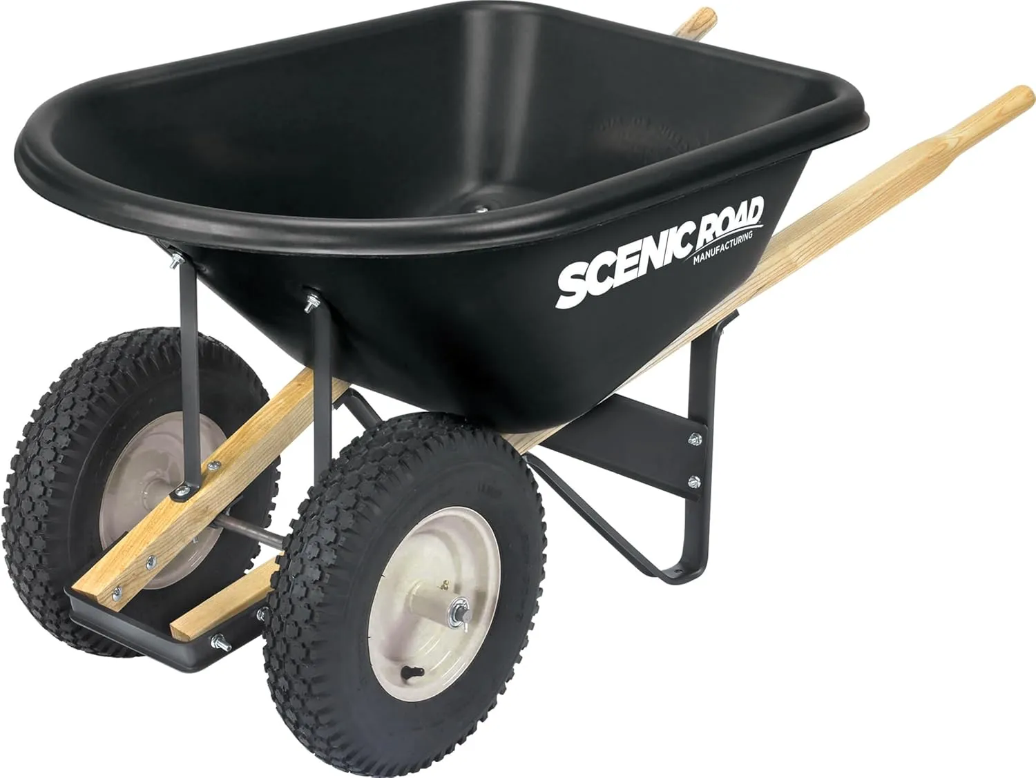 Scenic Lane Dual-Wheel 6 Cu Ft Wheelbarrow with 16" Flat Free Knobby Tires, High Density Polyethylene Tray, Steel Frame, for Gardening, Landscapers, Contractors and Farm, Green