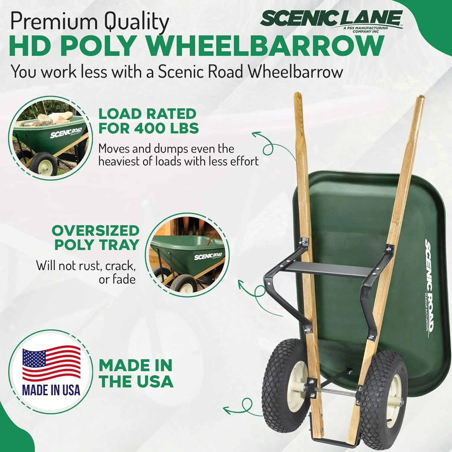 Scenic Lane Dual-Wheel 6 Cu Ft Wheelbarrow with 16" Flat Free Knobby Tires, High Density Polyethylene Tray, Steel Frame, for Gardening, Landscapers, Contractors and Farm, Green