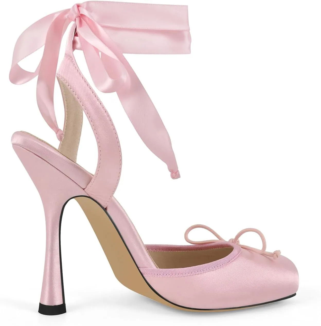 sexytag Satin Ballet Heels for Women Lace Up Stiletto High Heel Pumps Closed Square Toe Bow Ballerina Heel Party Dress Shoes