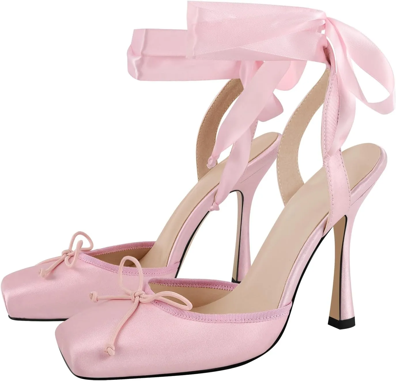 sexytag Satin Ballet Heels for Women Lace Up Stiletto High Heel Pumps Closed Square Toe Bow Ballerina Heel Party Dress Shoes