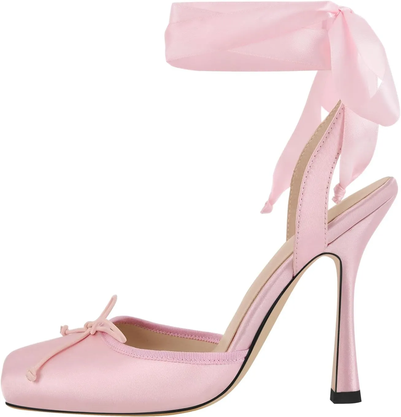sexytag Satin Ballet Heels for Women Lace Up Stiletto High Heel Pumps Closed Square Toe Bow Ballerina Heel Party Dress Shoes