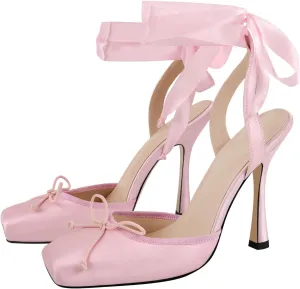 sexytag Satin Ballet Heels for Women Lace Up Stiletto High Heel Pumps Closed Square Toe Bow Ballerina Heel Party Dress Shoes