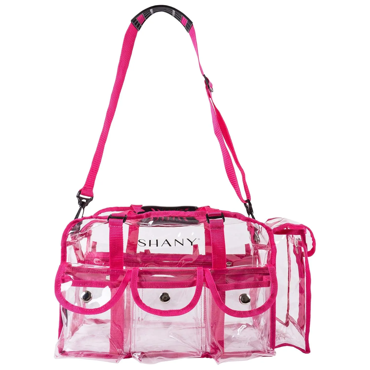 SHANY Clear PVC Makeup Bag - Large Professional Makeup Artist Rectangular Tote with Shoulder Strap and 5 External Pockets - PINK