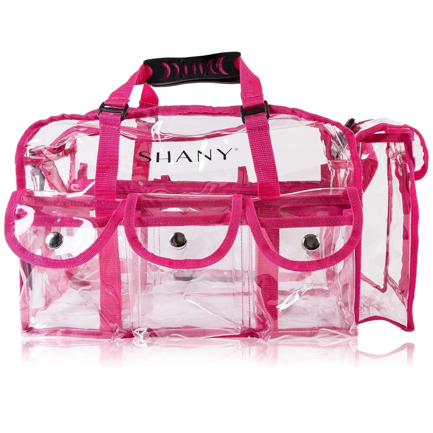 SHANY Clear PVC Makeup Bag - Large Professional Makeup Artist Rectangular Tote with Shoulder Strap and 5 External Pockets - PINK