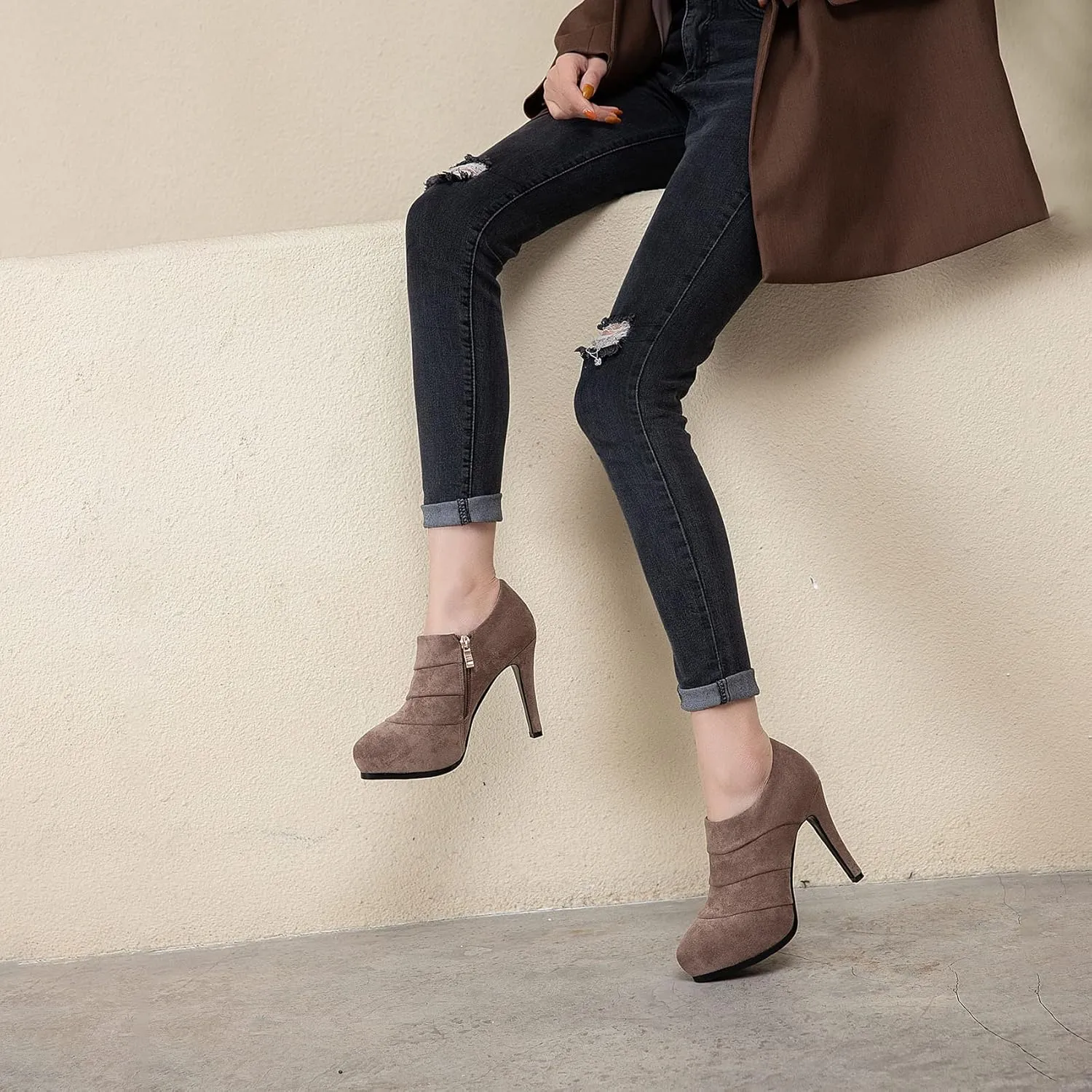 SHEMEE Women's Platform Stiletto High Heel Ankle Booties Thin Heels Pumps Side Zip Short Boots Shoes