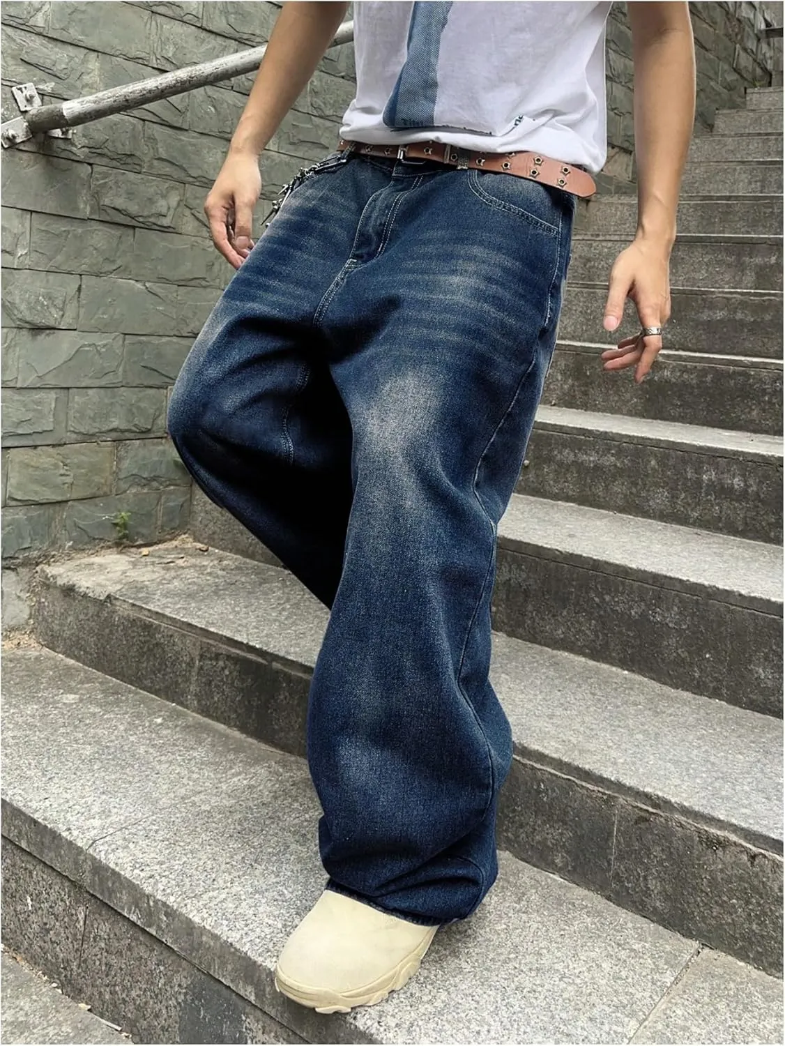 SHENHE Men's Wide Leg Jeans Vintage Baggy Jeans Casual Loose Fit Denim Pants with Pockets