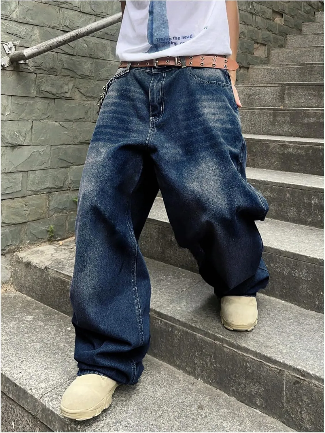 SHENHE Men's Wide Leg Jeans Vintage Baggy Jeans Casual Loose Fit Denim Pants with Pockets
