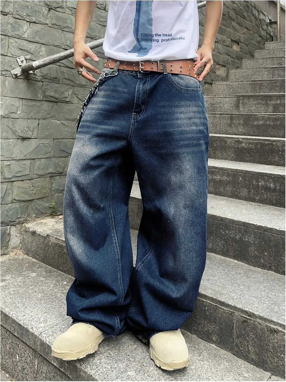 SHENHE Men's Wide Leg Jeans Vintage Baggy Jeans Casual Loose Fit Denim Pants with Pockets