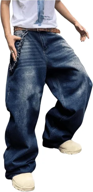 SHENHE Men's Wide Leg Jeans Vintage Baggy Jeans Casual Loose Fit Denim Pants with Pockets