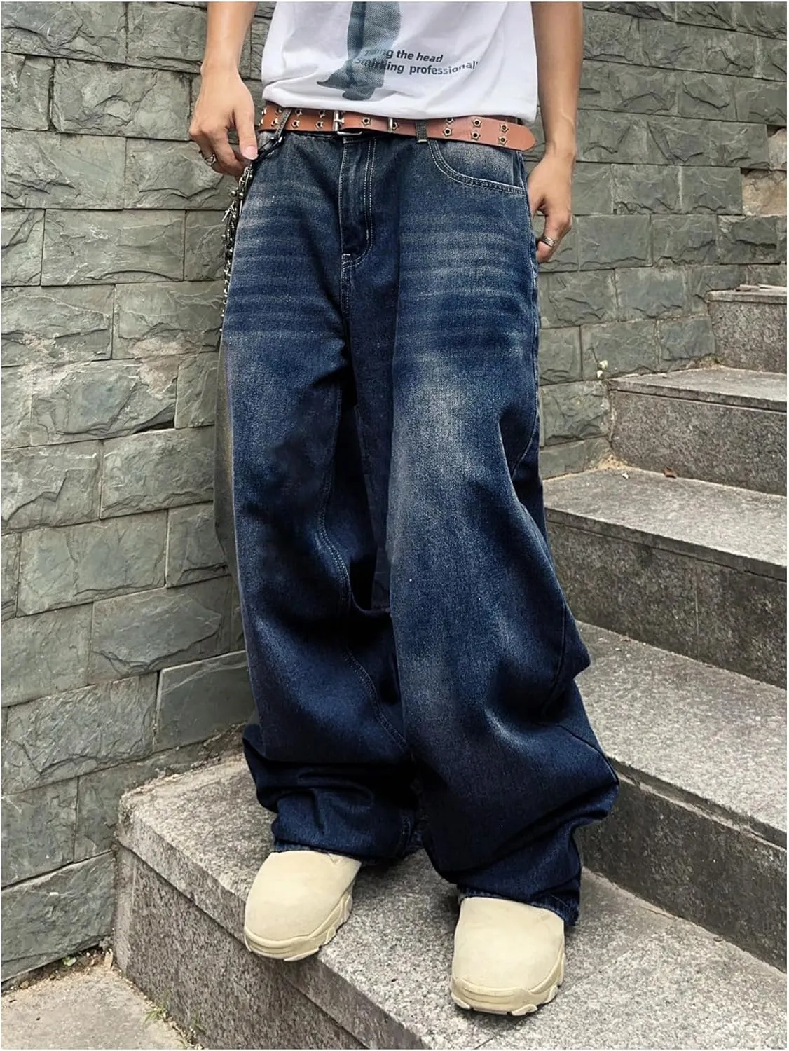 SHENHE Men's Wide Leg Jeans Vintage Baggy Jeans Casual Loose Fit Denim Pants with Pockets