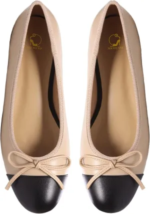 SHODENSE Women Cap Toe Bow Flats Two Tone Slip On Ballet Comfort Closed Round Toe Colorblock 1 Inch Low Flat Heel Dress Shoes Cute Ladies Casual Driver Matte Beige 6 M US