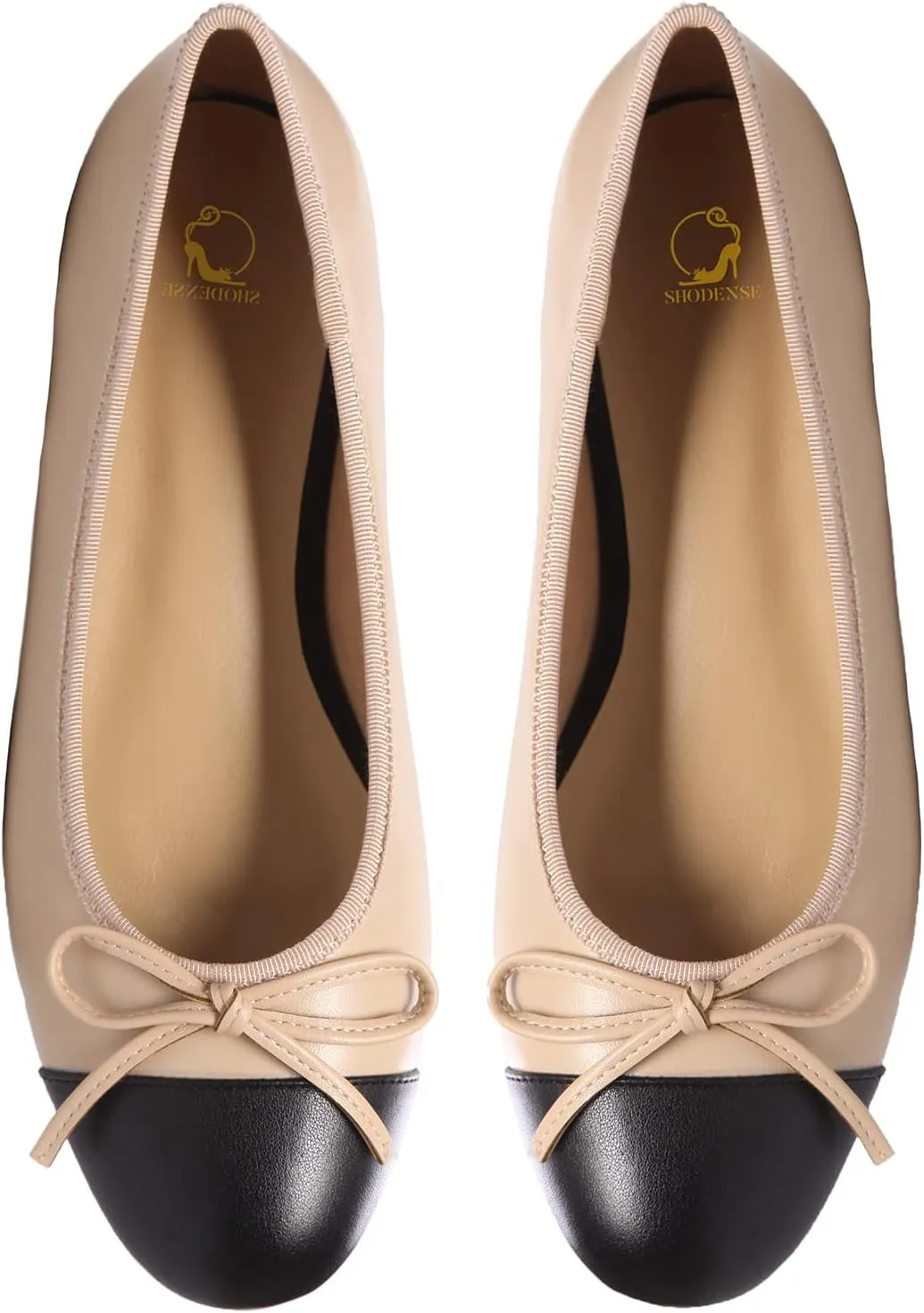 SHODENSE Women Cap Toe Bow Flats Two Tone Slip On Ballet Comfort Closed Round Toe Colorblock 1 Inch Low Flat Heel Dress Shoes Cute Ladies Casual Driver Matte Beige 6 M US