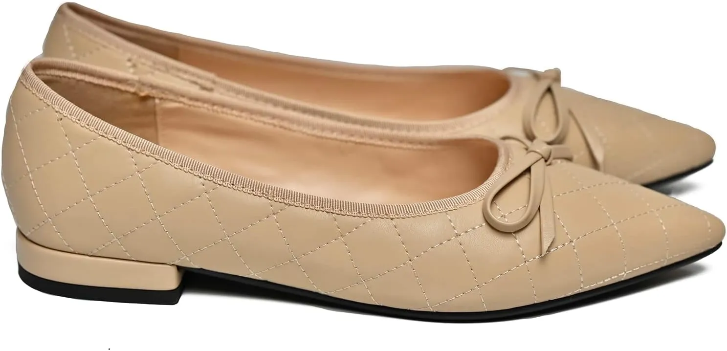 SHODENSE Women Quilted Bow Flats Pointed Toe Slip On Ballet Flats Comfortable Pointy Toe Flat Shoes Bow Tie 0.5 Inch Flat Heel Dress Shoes Matte Office Party Wedding Bridal Driver Flats 4-11 M US