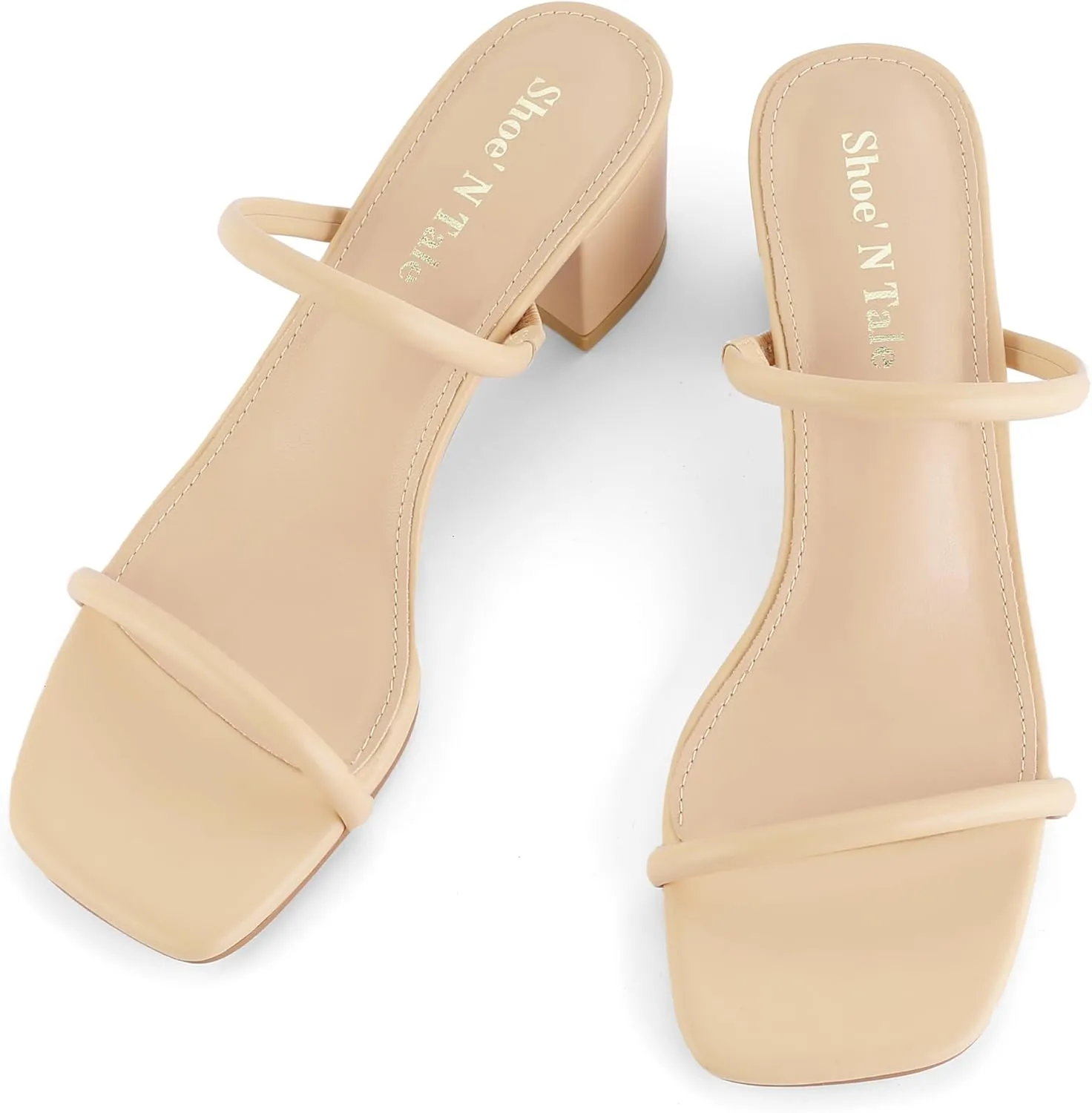 Shoe'N Tale Strappy Heels for Women Square Open Toe Two Strap Low Block Heel Slip on Dressy Sandals Shoes
