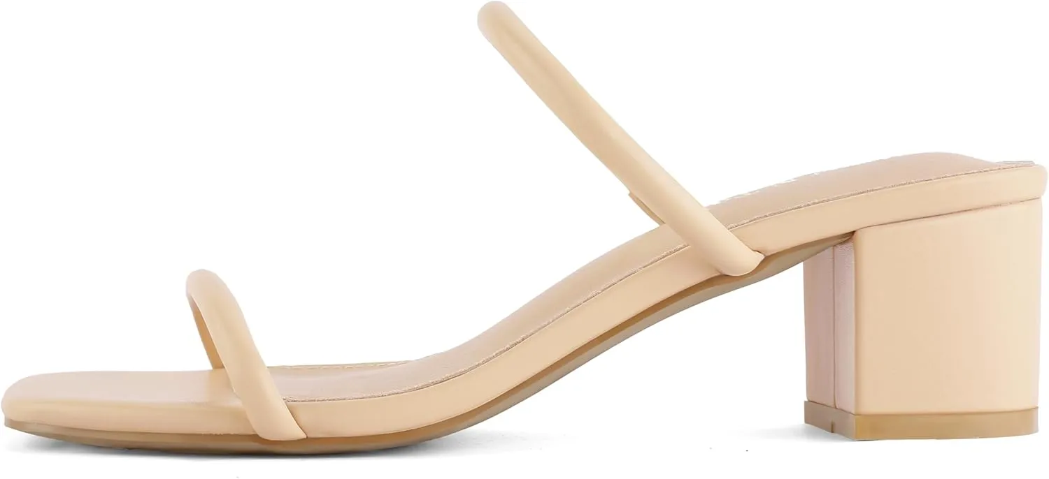 Shoe'N Tale Strappy Heels for Women Square Open Toe Two Strap Low Block Heel Slip on Dressy Sandals Shoes