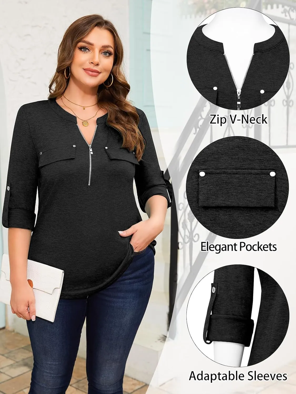 Siddhe Women 3/4 Sleeve Plus Size Tunics Zip Front V-Neck Tops Casual Loose Fit T Shirt Blouse