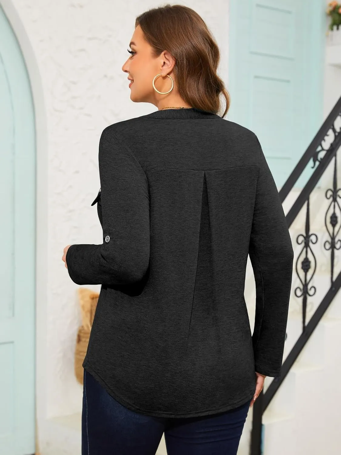 Siddhe Women 3/4 Sleeve Plus Size Tunics Zip Front V-Neck Tops Casual Loose Fit T Shirt Blouse