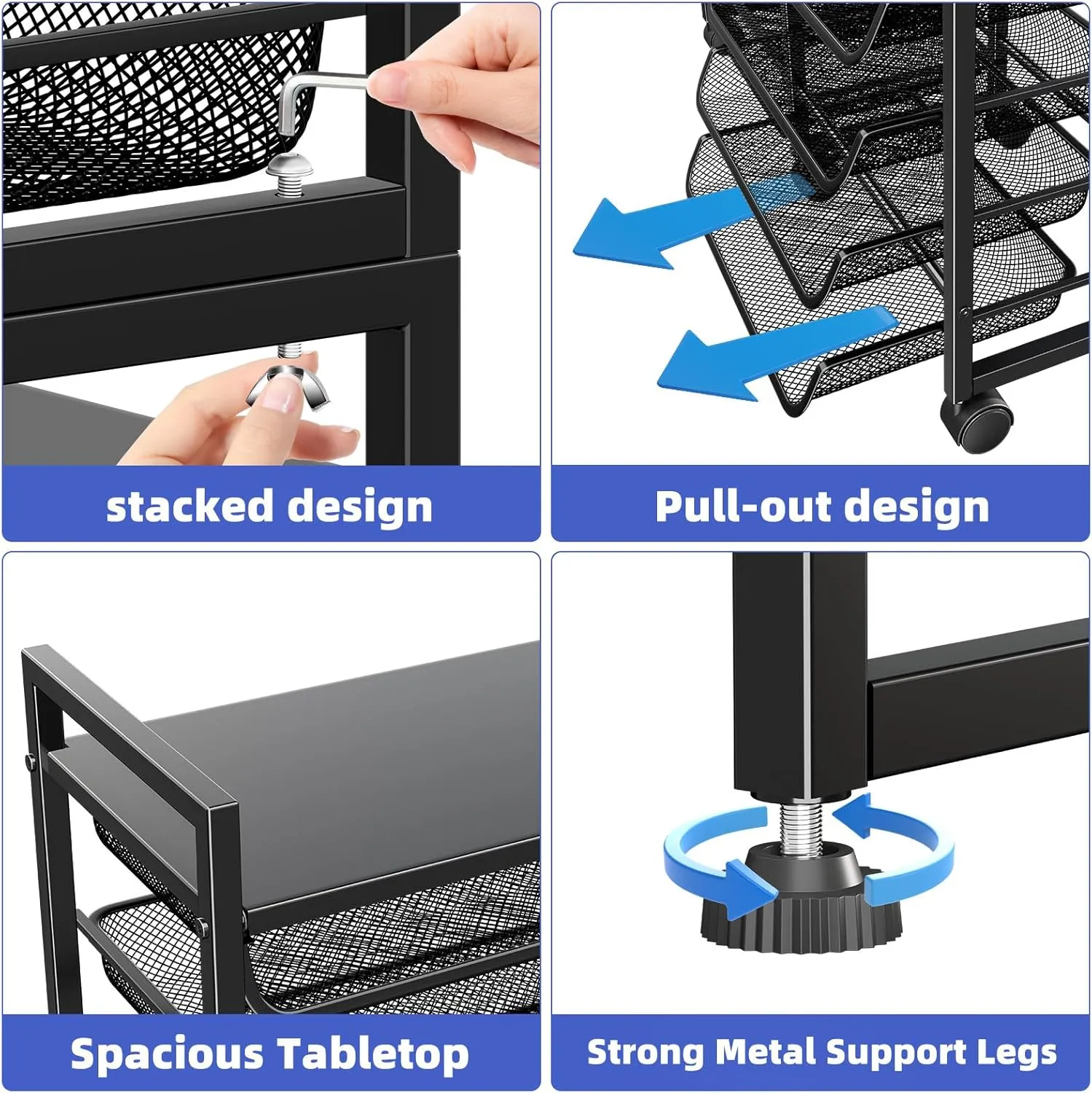 Simple Trending Rolling File Storage Cart, 15-Tier Metal Desk File Organizer with 14 Mesh Sliding Trays, Multi-Functional Clutter Cart for Office Home School, Black