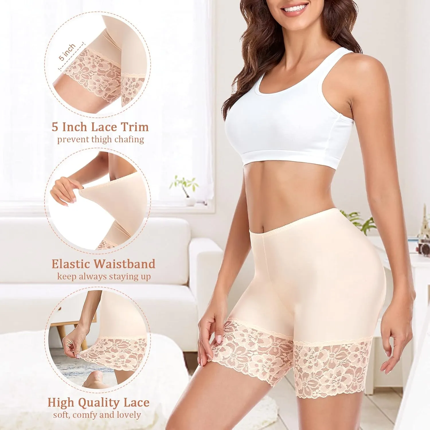 Slip Shorts for Under Dresses Women Anti Chafing Underwear Seamless Boyshorts Panties Lace Under Shorts
