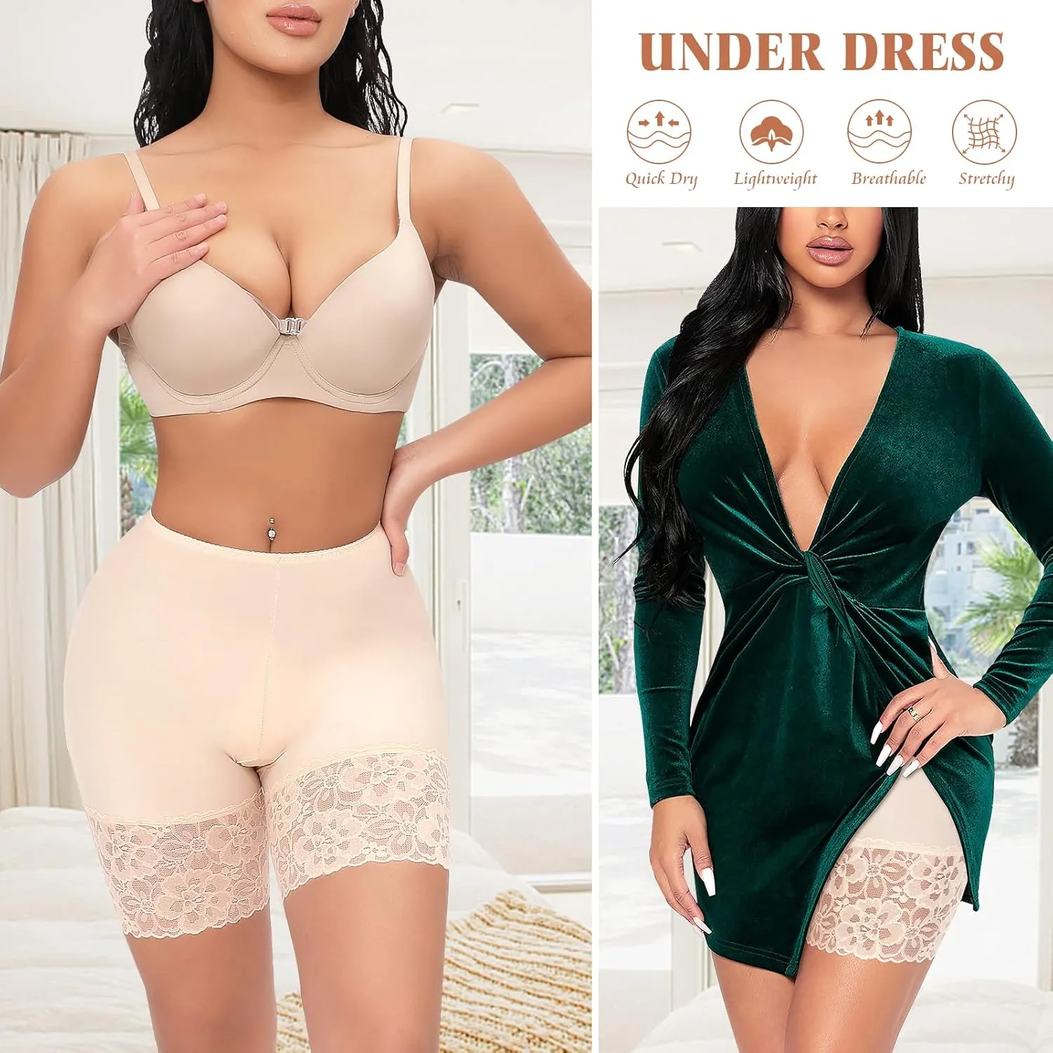 Slip Shorts for Under Dresses Women Anti Chafing Underwear Seamless Boyshorts Panties Lace Under Shorts