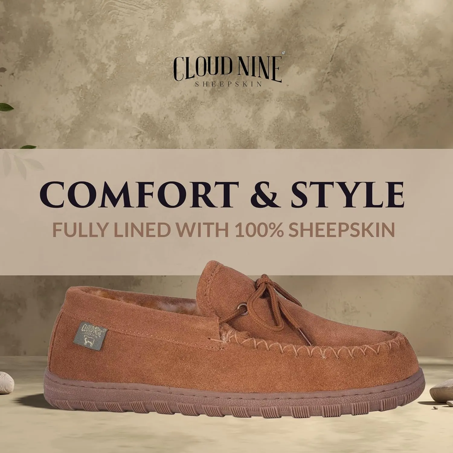 Slippers Mens Moccasins Shoes - Sheepskin Lined Slip-on Indoor & Outdoor Moccasins for Men