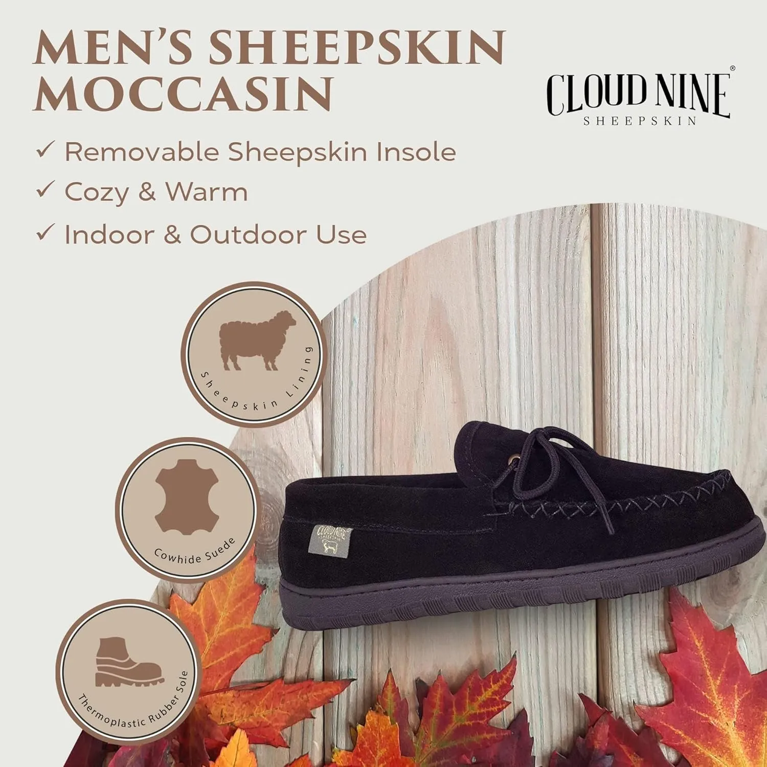Slippers Mens Moccasins Shoes - Sheepskin Lined Slip-on Indoor & Outdoor Moccasins for Men