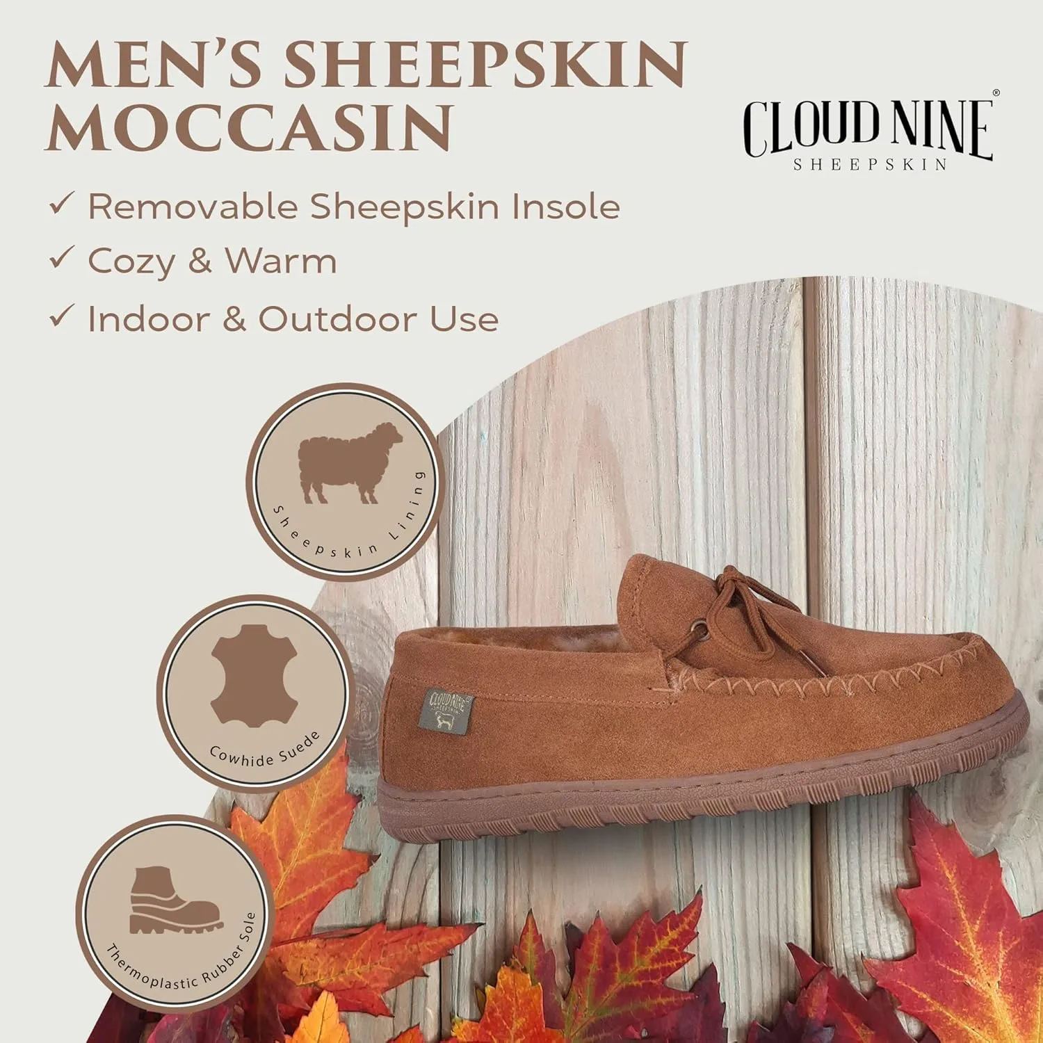 Slippers Mens Moccasins Shoes - Sheepskin Lined Slip-on Indoor & Outdoor Moccasins for Men