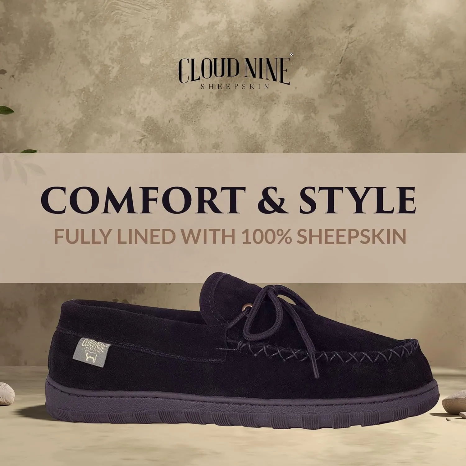Slippers Mens Moccasins Shoes - Sheepskin Lined Slip-on Indoor & Outdoor Moccasins for Men