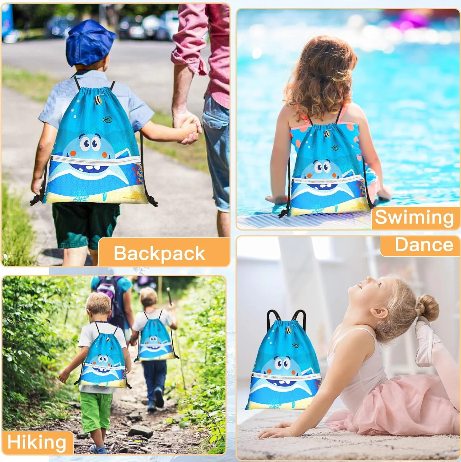 Slohif Drawstring Backpack Beach Swim Bag for Kids Draw String Dance Travel Cinch Ballet Gym Bags for Girls Boys Big Shark Waterproof Backpack for Swimming Summer Camp Pool Sports Nylon Large